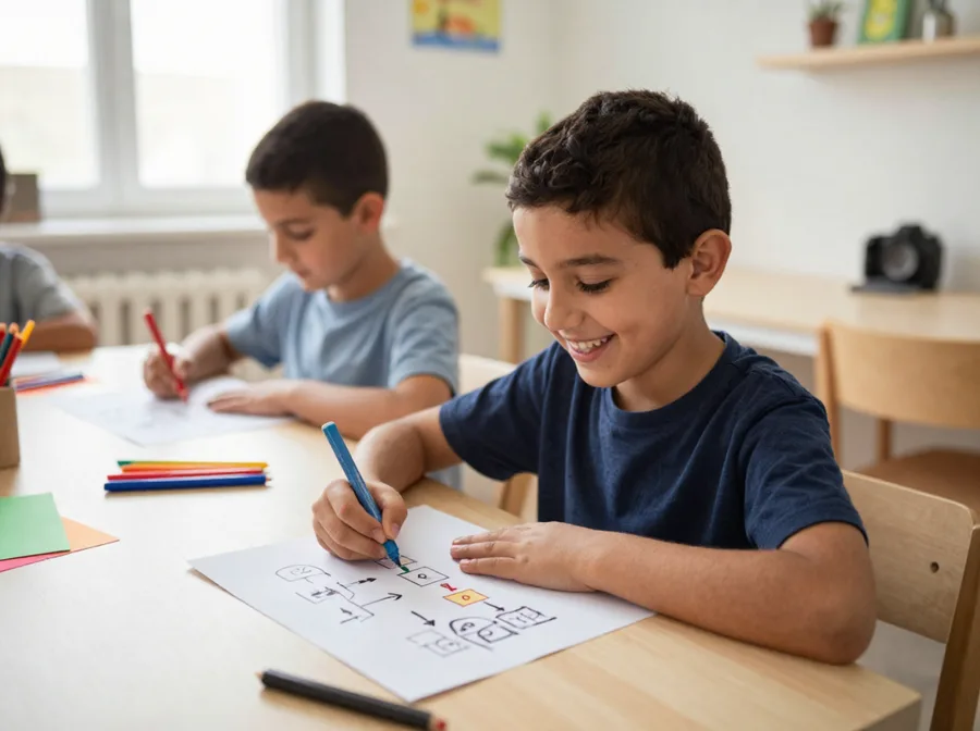Enfant souriant dessinant son premier algorithme au feutre sur papier