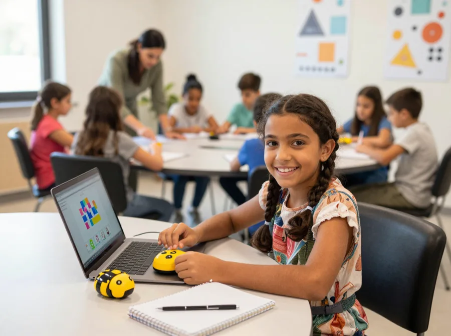 Fillette souriante en atelier CENIT Juniors, ordinateur portable et robot Bee-Bot sur la table