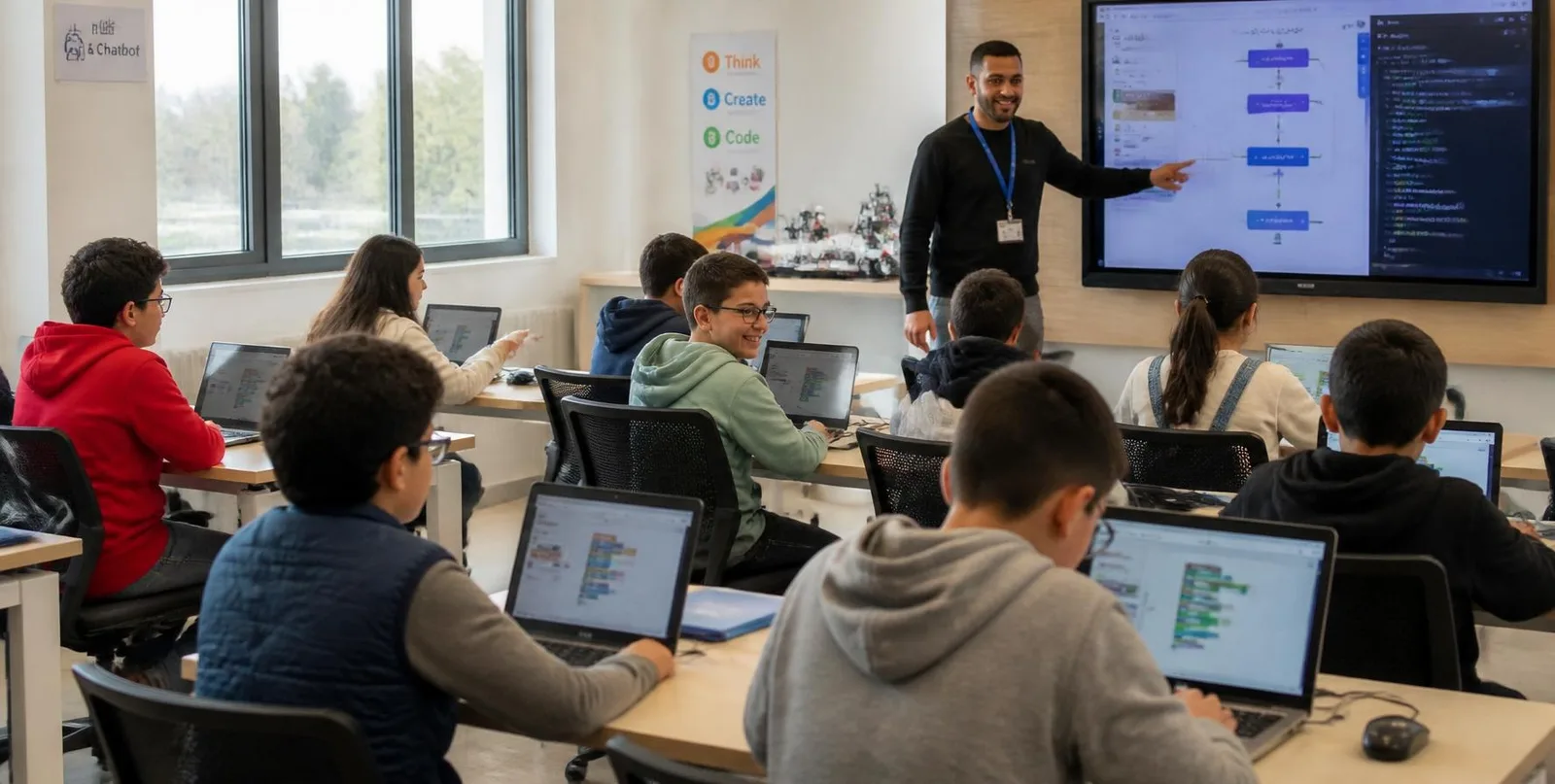 Salle d'atelier CENIT : formateur au tableau interactif devant un groupe d'enfants sur ordinateurs portables