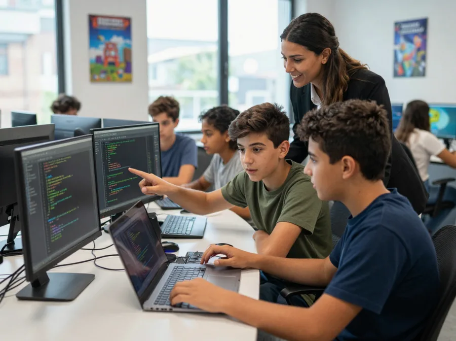 Formatrice CENIT guidant un binôme d'adolescents devant leurs écrans de code