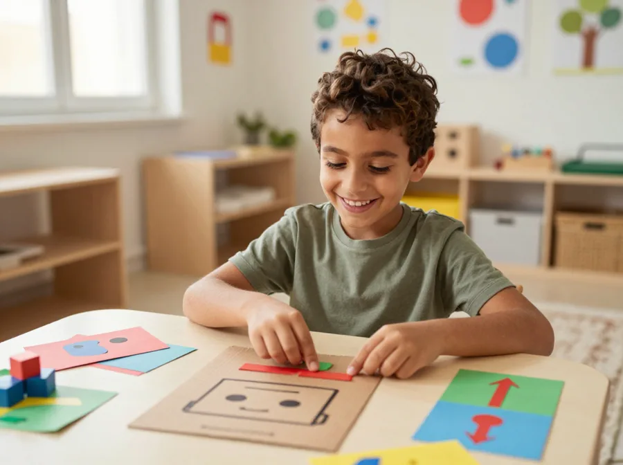 Enfant assemblant un robot en papier découpé, sans écran