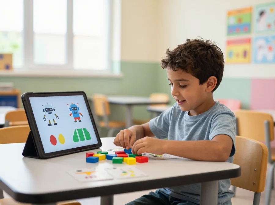 Enfant associant des blocs de couleur aux consignes d'une application éducative sur tablette