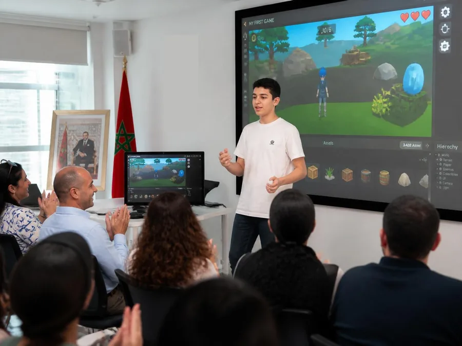 Jeune participant présentant son premier jeu vidéo sur grand écran devant les parents