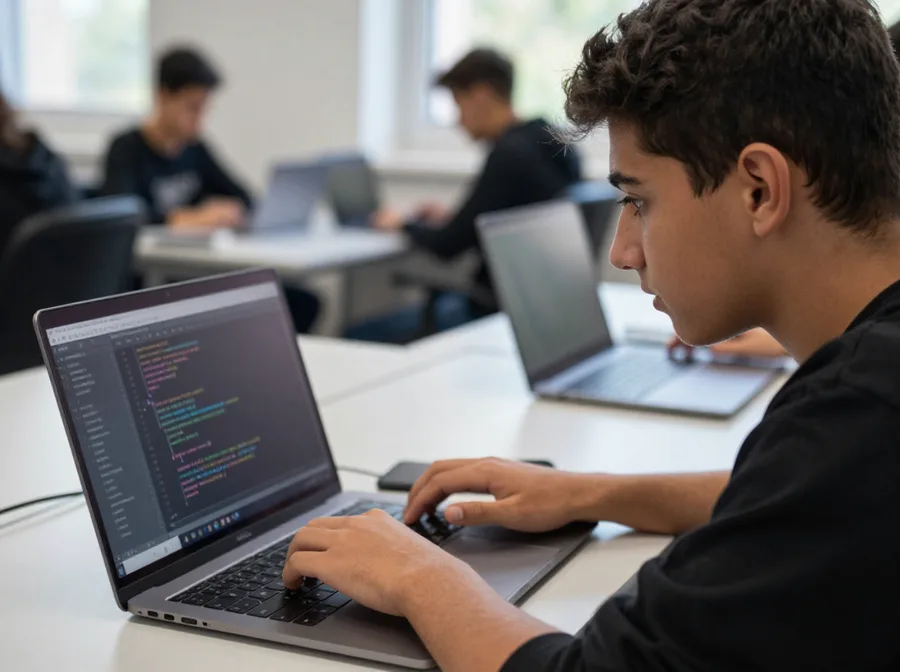 Lycéen concentré codant en Python dans un éditeur de code