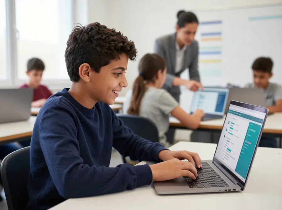 Préadolescent codant sur un ordinateur portable pendant un atelier, formatrice guidant un binôme au second plan