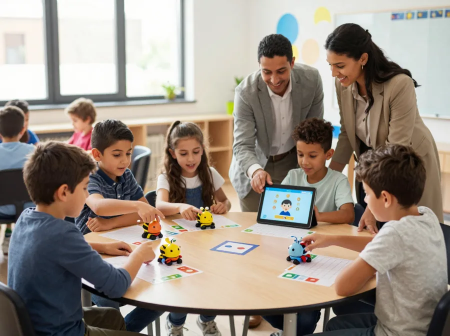 Petit groupe d'enfants programmant des robots Bee-Bot autour d'une table, guidés par deux animateurs