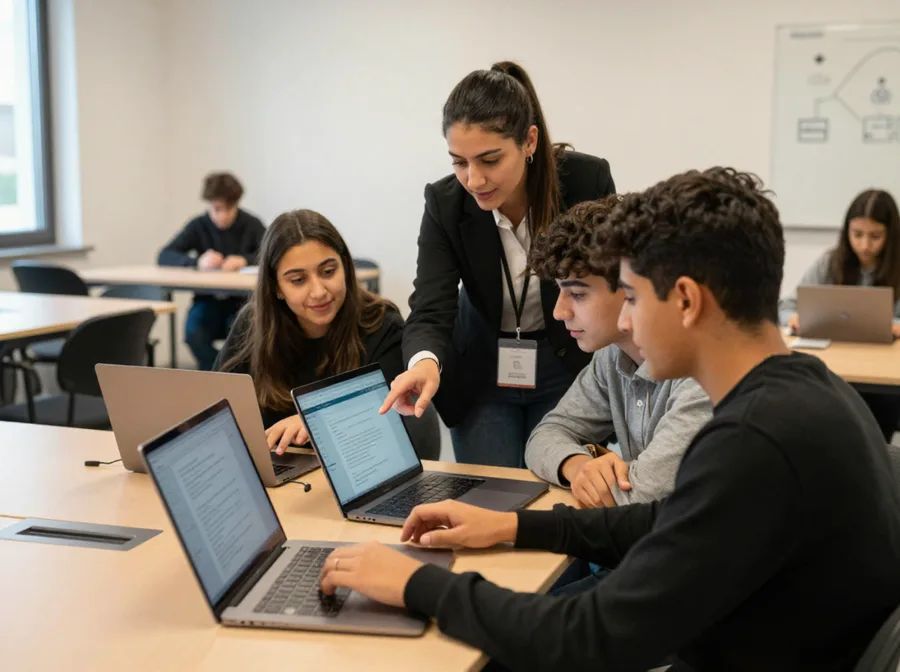 Formatrice CENIT accompagnant trois lycéens sur leurs ordinateurs portables en atelier