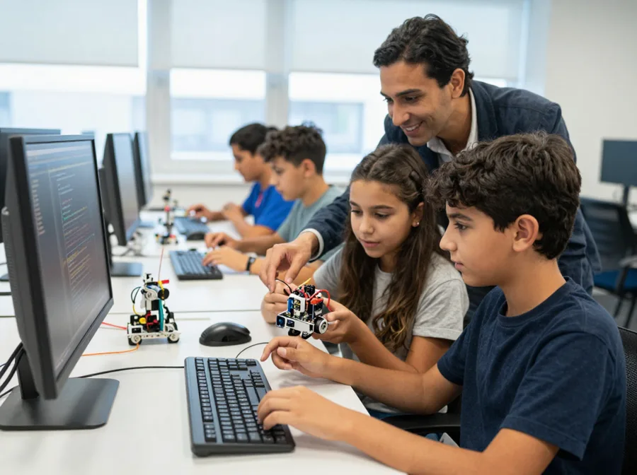 Deux préadolescents assemblant un petit robot programmable avec leur mentor